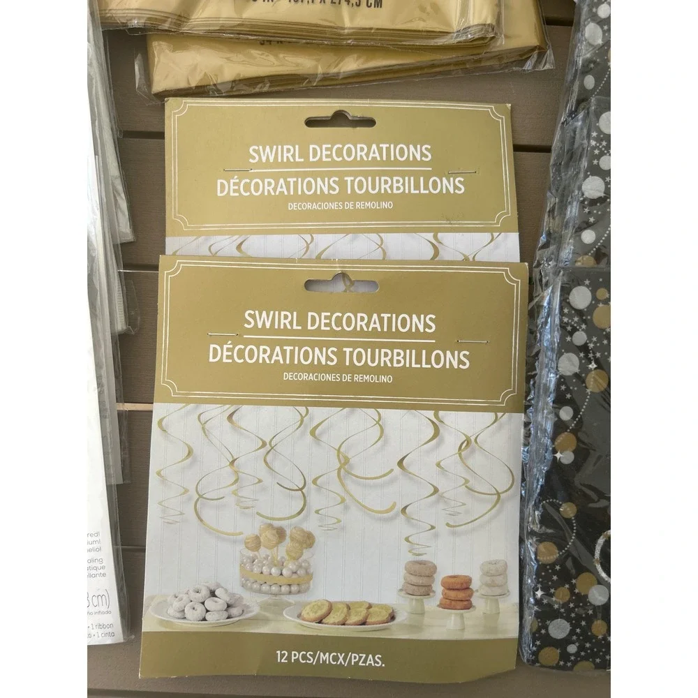 16 pc Happy Birthday Party Decorations Gold Table Cover Plates Napkins Swirls